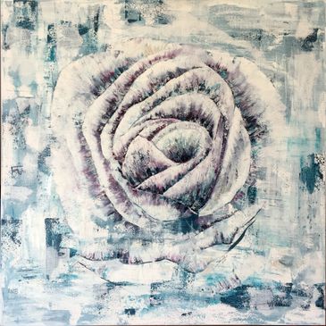 Abstract painting of a white rose with textured blue and purple accents.