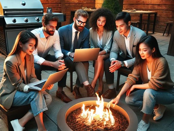 team looking at digital metrics around a firepit, near a BBQ and urban patio