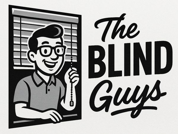 Illustration of a smiling man pulling a window blind with the text 'The Blind Guys'.