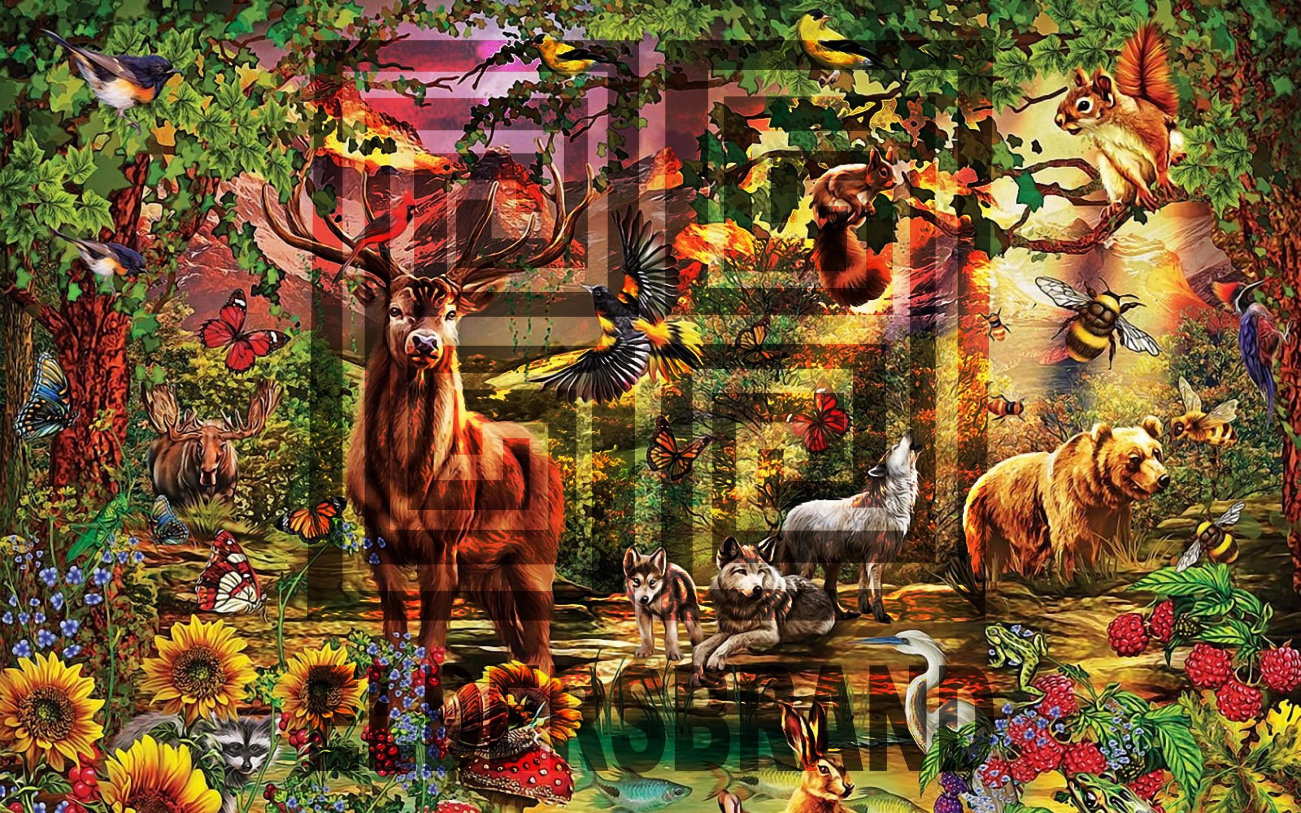 Colorful forest scene with diverse animals and vibrant plants.