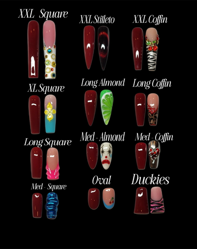 Various nail shapes and designs on black background with labels.