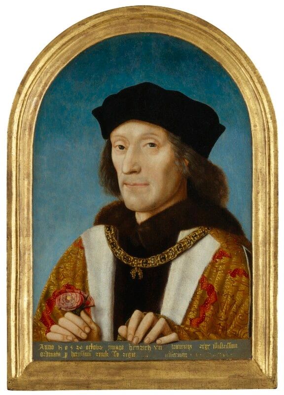 Henry VII, the first Tudor King, holding a rose and wearing the collar of the Order of the Golden Fleece, painted by an unknown Netherlandish artist, c. 1505.