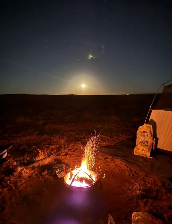 Campfire glowing under a starry night sky with a bright moon.