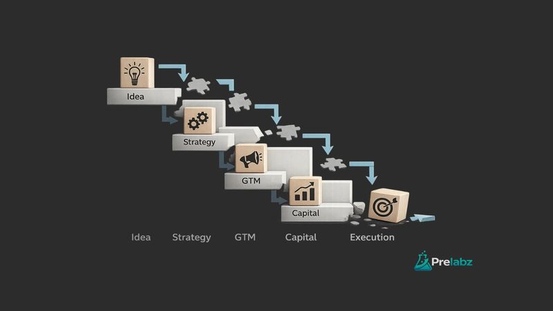 Prelabz fragmented startup execution system showing zero to one bottleneck in go to market and capital readiness for founders building scalable companies
