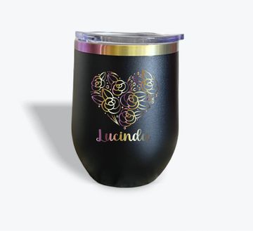 Black tumbler with a floral heart design and the name Lucinda.