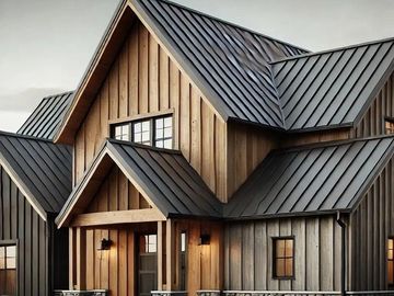 Modern house with wooden siding and metal roofing at dusk.
