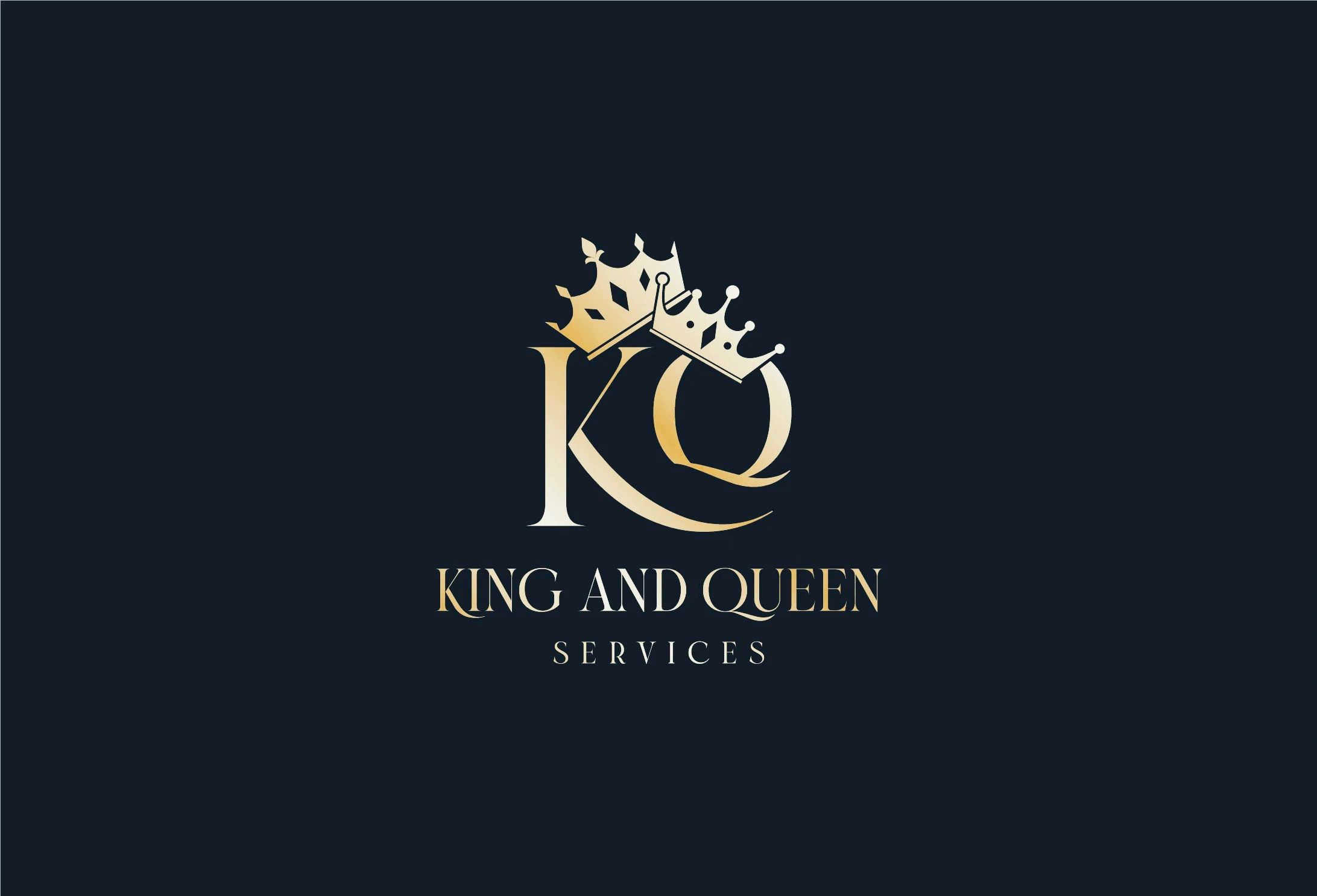 Elegant gold logo with crowns and text King and Queen Services on dark background.