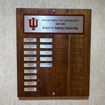 Scholarship board with names in the Geography Department.