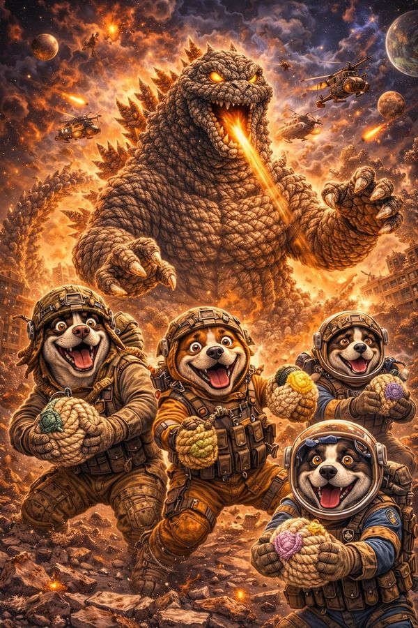Dogs in military gear face a fiery Godzilla-like monster with helicopters and explosions.