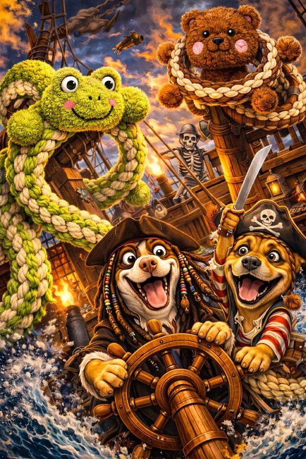 Two pirate dogs steering a ship with rope animals and a skeleton crew.