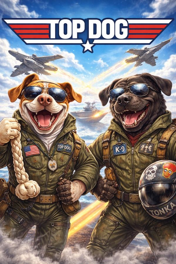 Two heroic dogs in aviator gear stand confidently with fighter jets and a warship in the background.