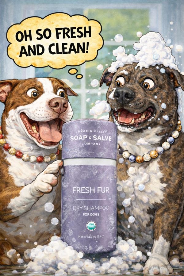 Two happy dogs with soap bubbles showcasing Fresh Fur dry shampoo for dogs.