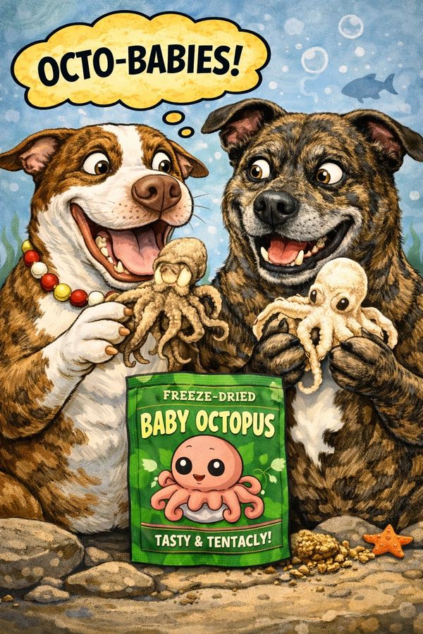 Two happy dogs holding freeze-dried baby octopus treats labeled 'Octo-Babies!'
