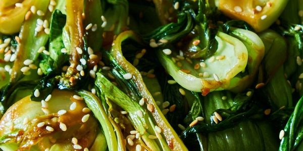 Bradwood Farm Stir-fried bok choy with garlic in a hot wok