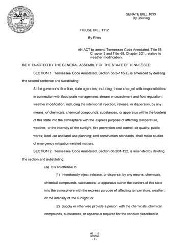 Tennessee bill amending weather modification laws, prohibiting chemical dispersion for weather control.