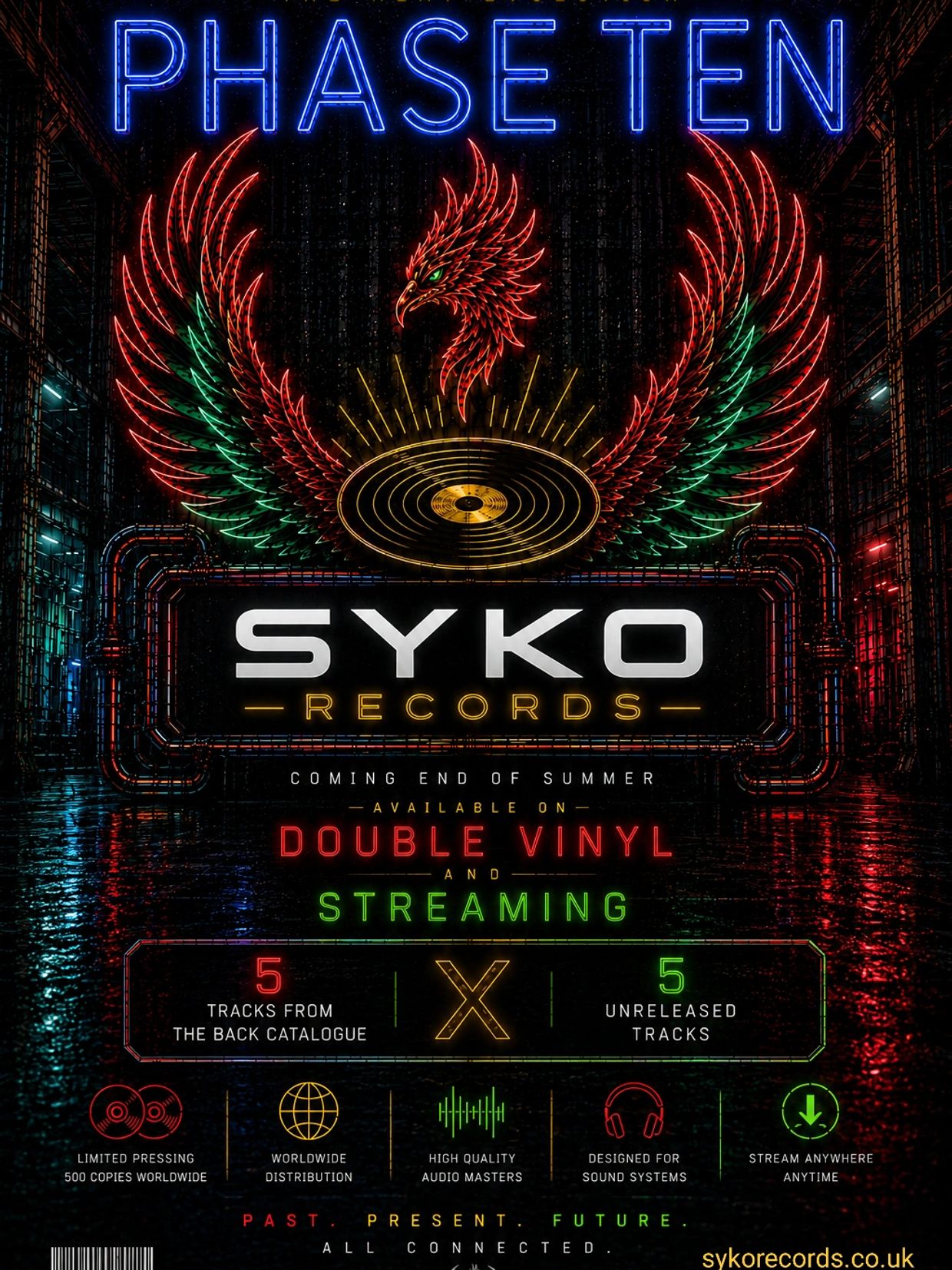Neon-themed music promo for Syko Records' Phase Ten album on vinyl and streaming.