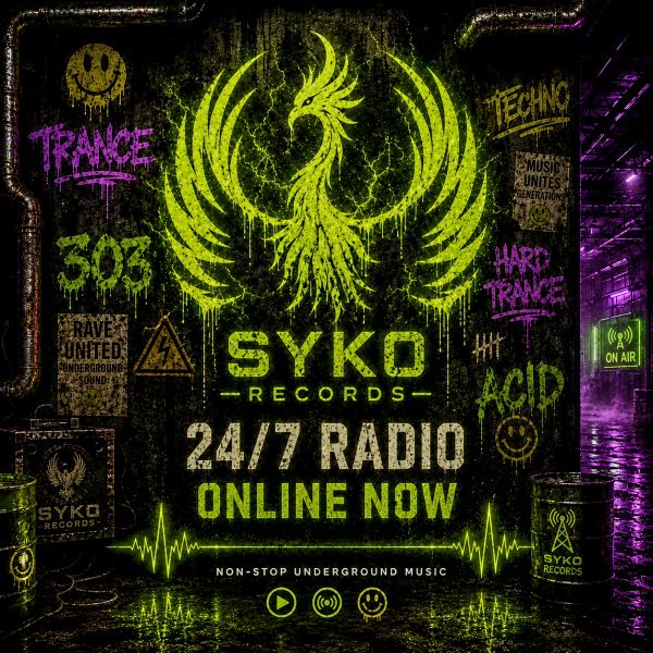 Graffiti-style poster for SYKO Records promoting 24/7 online underground music radio.
