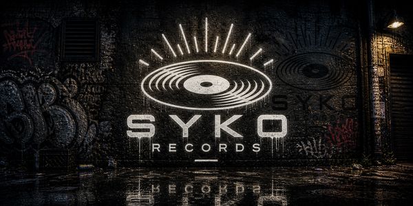 Graffiti art of SYKO Records logo on a dark urban wall.