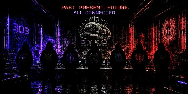 Seven hooded figures in a neon-lit futuristic alley with symbolic logos and text.