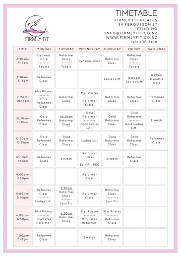 Firmly Fit Pilates weekly timetable with various reformer, mat, and spin fit classes.