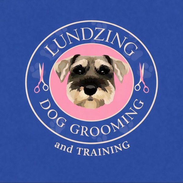 Logo of Lundzing Dog Grooming and Training with a dog's face and scissors.