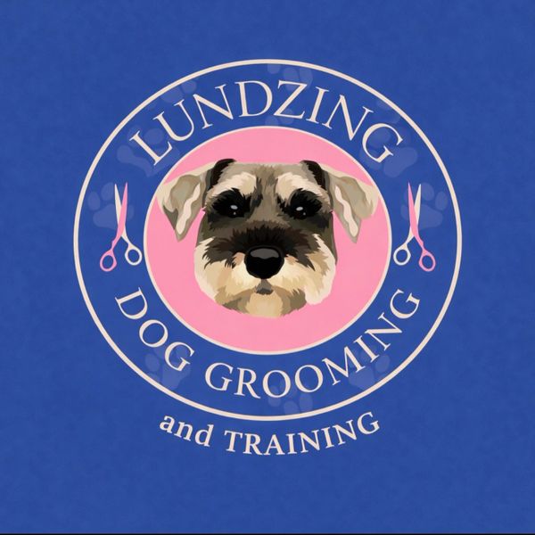 Logo for Lundzing Dog Grooming and Training featuring a dog's face.