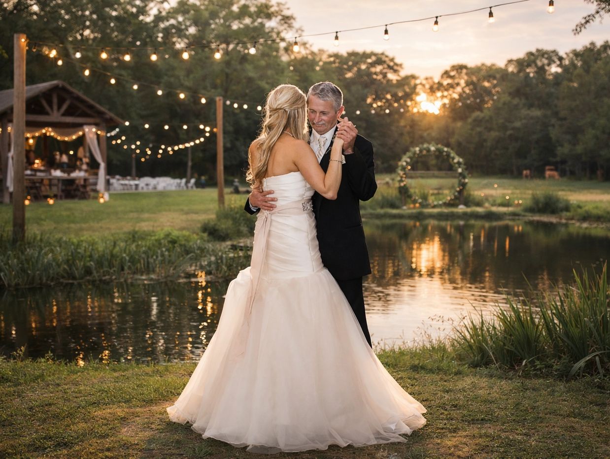 Bride and groom sharing a dance by a pond at sunset, surrounded by string lights and greenery.