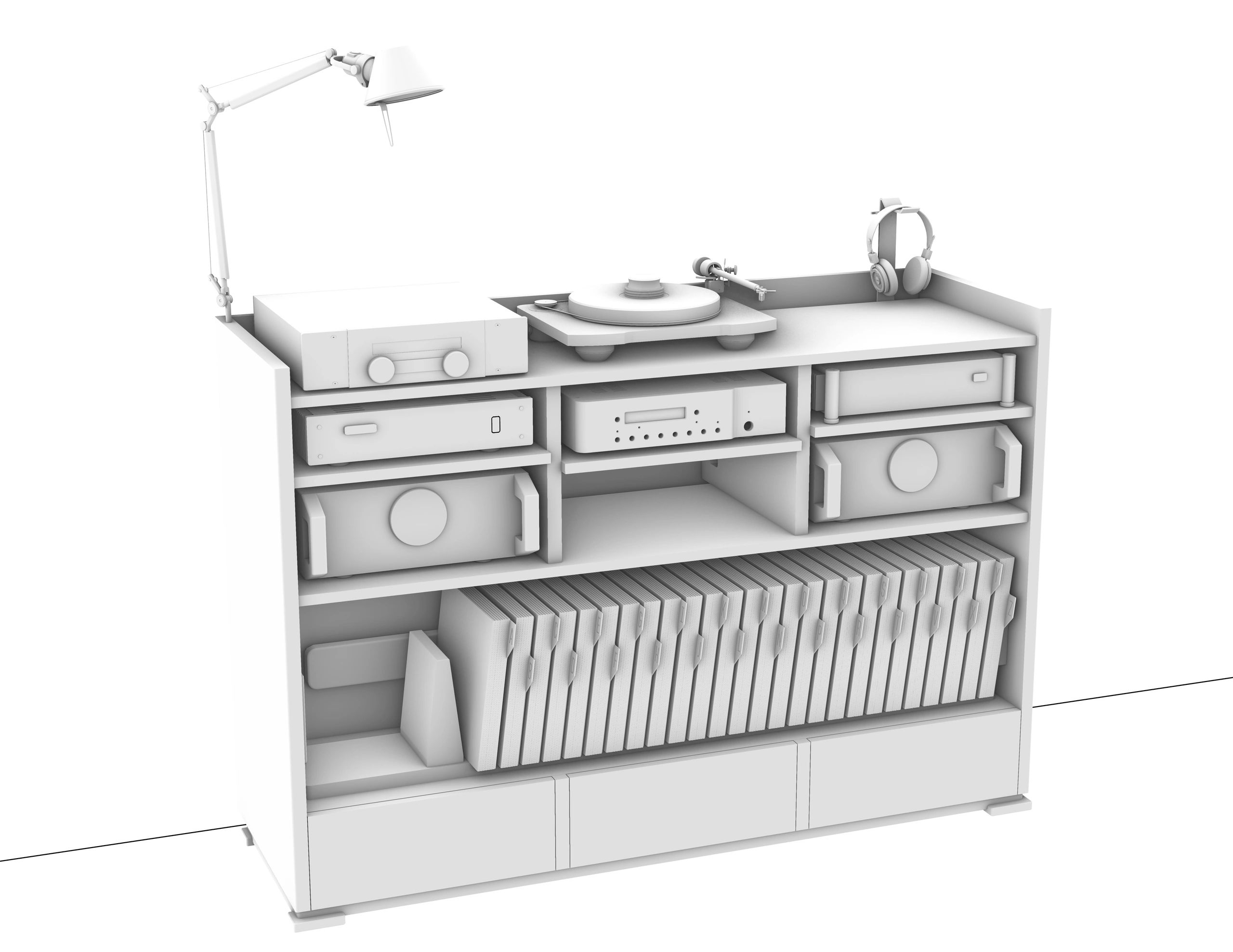 3D model of a stereo system setup with equipment, headphones, and records.