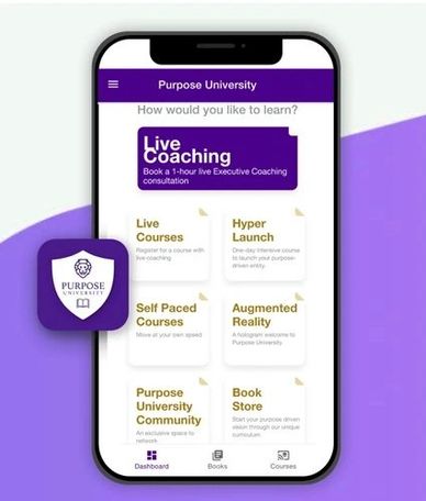 Mobile app interface for Purpose University offering various learning options.