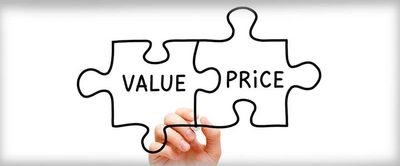 Two pieces of a puzzle connected together. One piece says "value", the other says "price". 