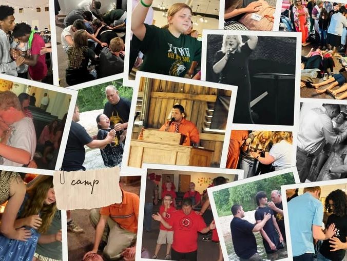 Collage of people praying, worshipping, and engaging in camp activities.