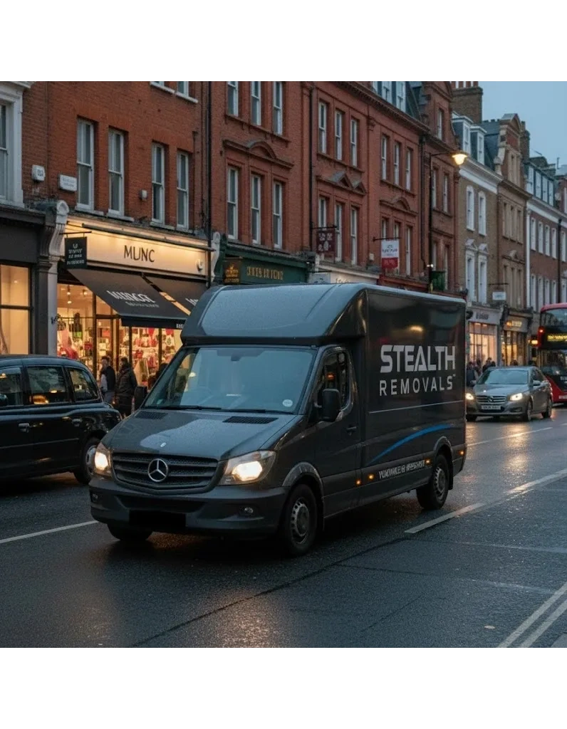 A black Mercedes van with 'STEALTH REMOVALS' drives down a city street at dusk.