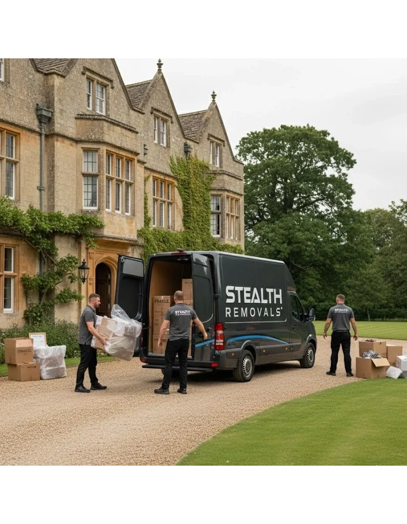 Three movers unloading boxes from a Stealth Removals van at a large estate.