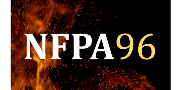 Bold NFPA 96 text with fiery orange flames on a black background.