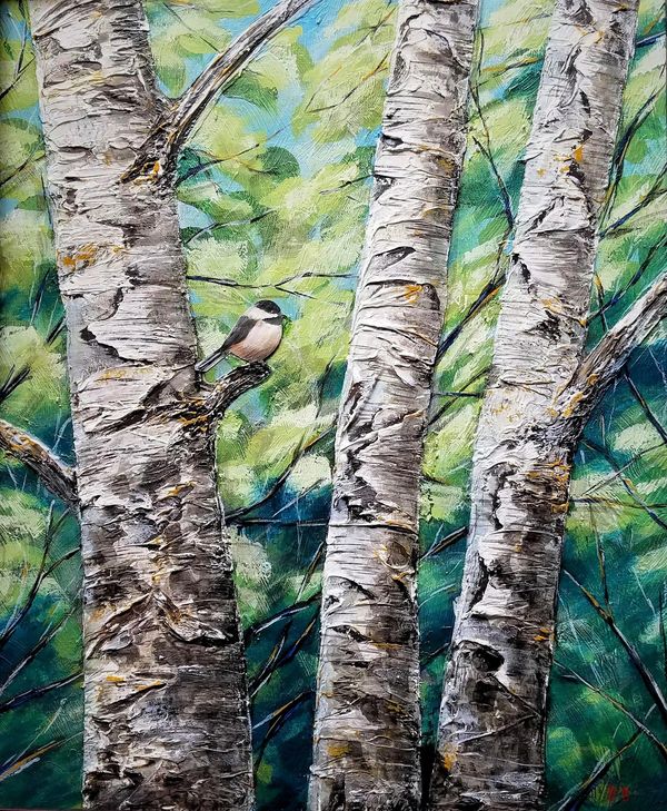Spring Chickadee, original piece is sold, but prints are available.