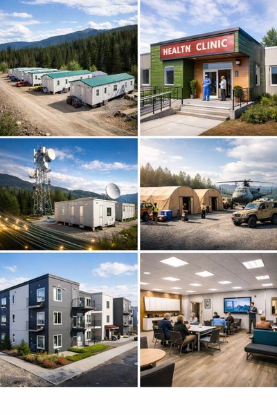 Images of a remote community with housing, health clinic, communication tower, and emergency response setup.