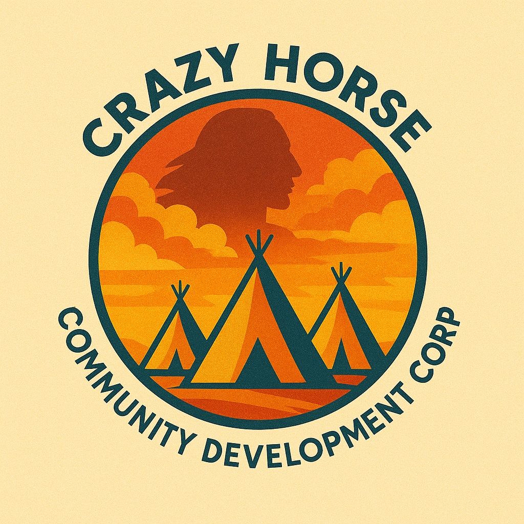 Logo of Crazy Horse Community Development Corp with teepees and a Native American silhouette.