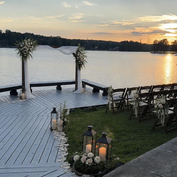 Sunset lakeside wedding setup with flowers and candles.