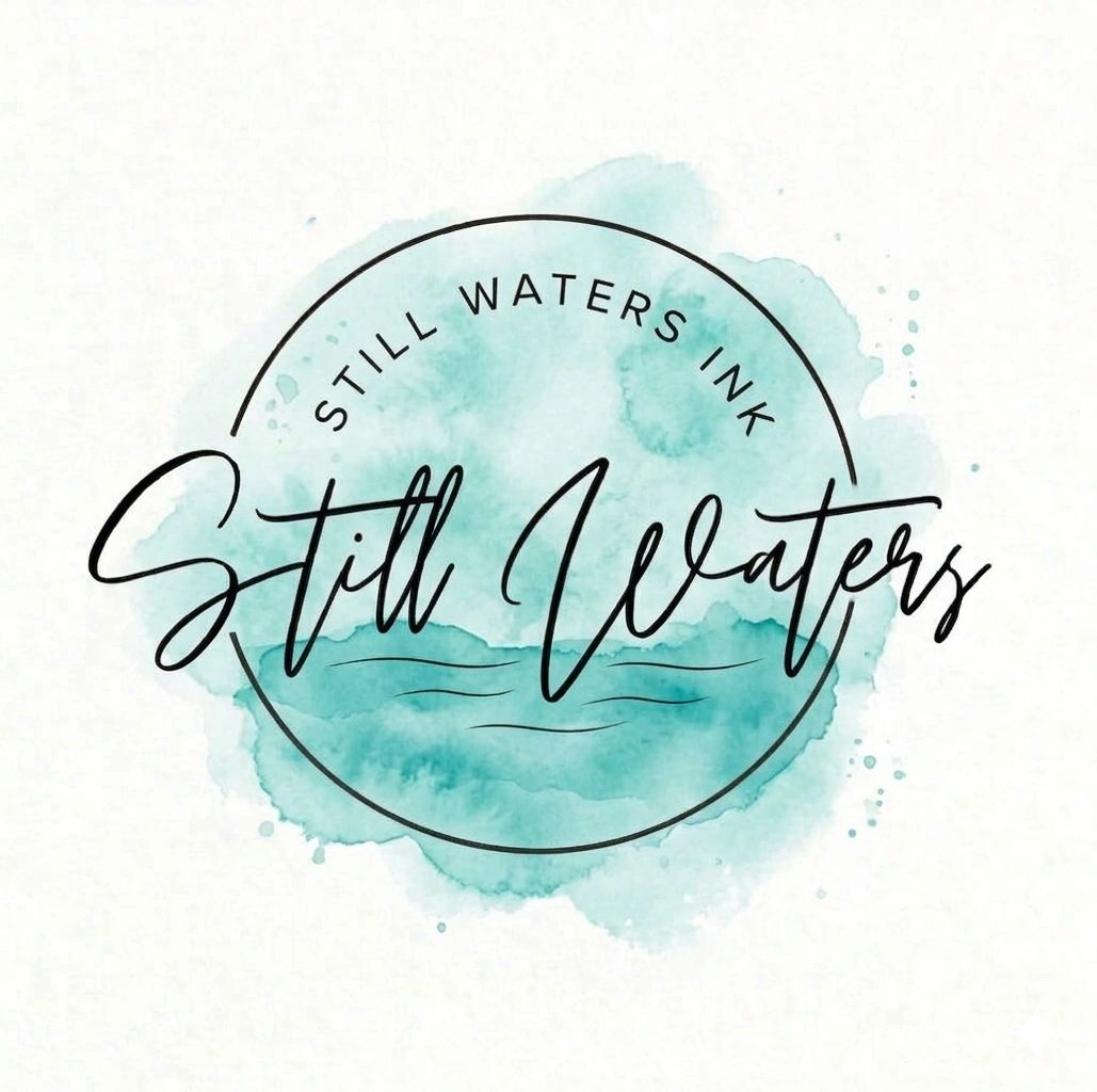 Elegant logo with watercolor background and cursive text saying Still Waters.