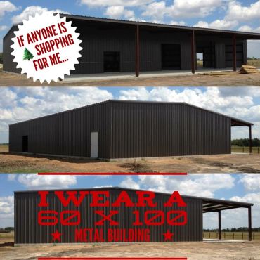 Three views of a large metal building with text about shopping for one.