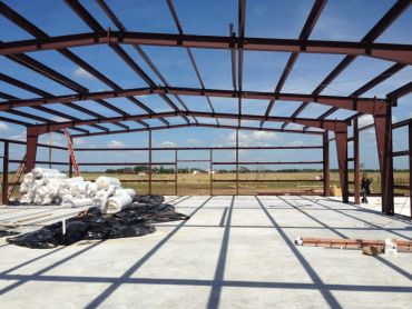Steel frame structure under construction.