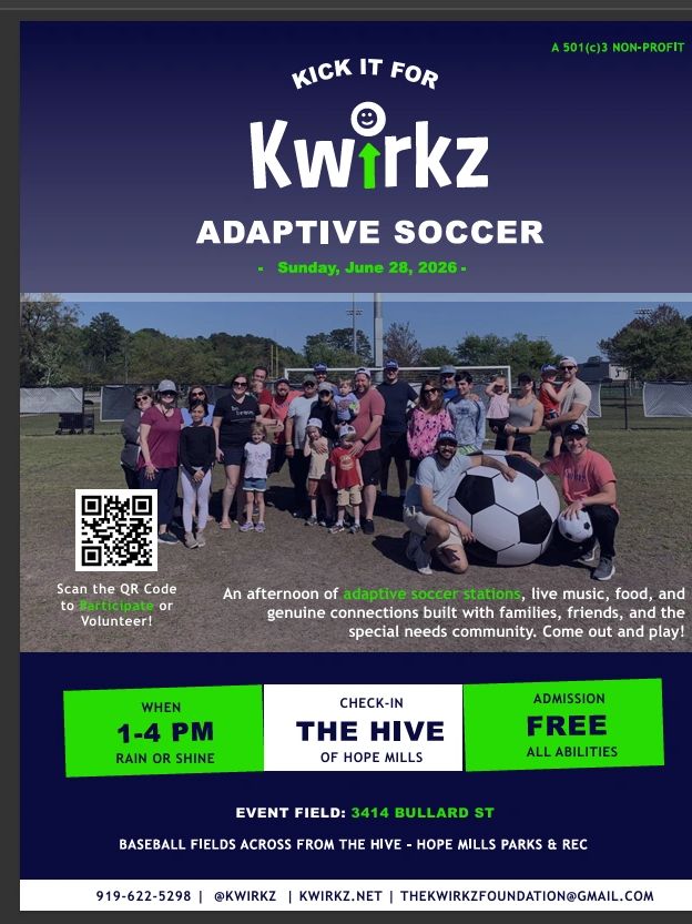 Community group photo promoting Kwirkz Adaptive Soccer event on June 28, 2026.