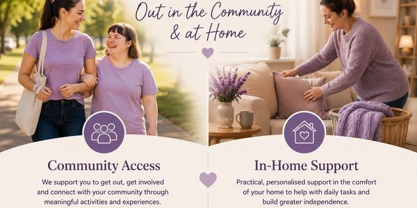 Two women smiling outdoors and a cozy living room setup showing community and in-home support.