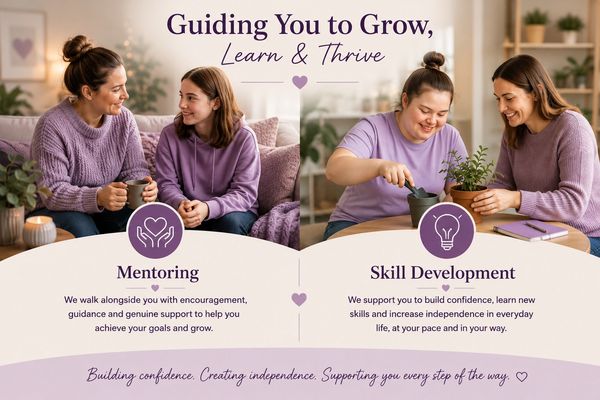 Two women mentoring and supporting skill development for growth and confidence.