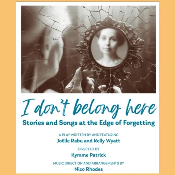 Poster for the play 'I don't belong here' featuring a shattered mirror and blurred face.