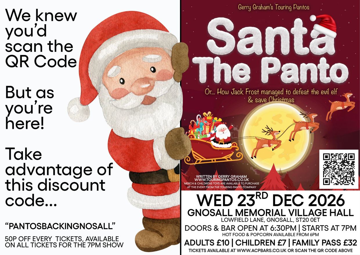 Santa The Panto event poster with discount code and details.