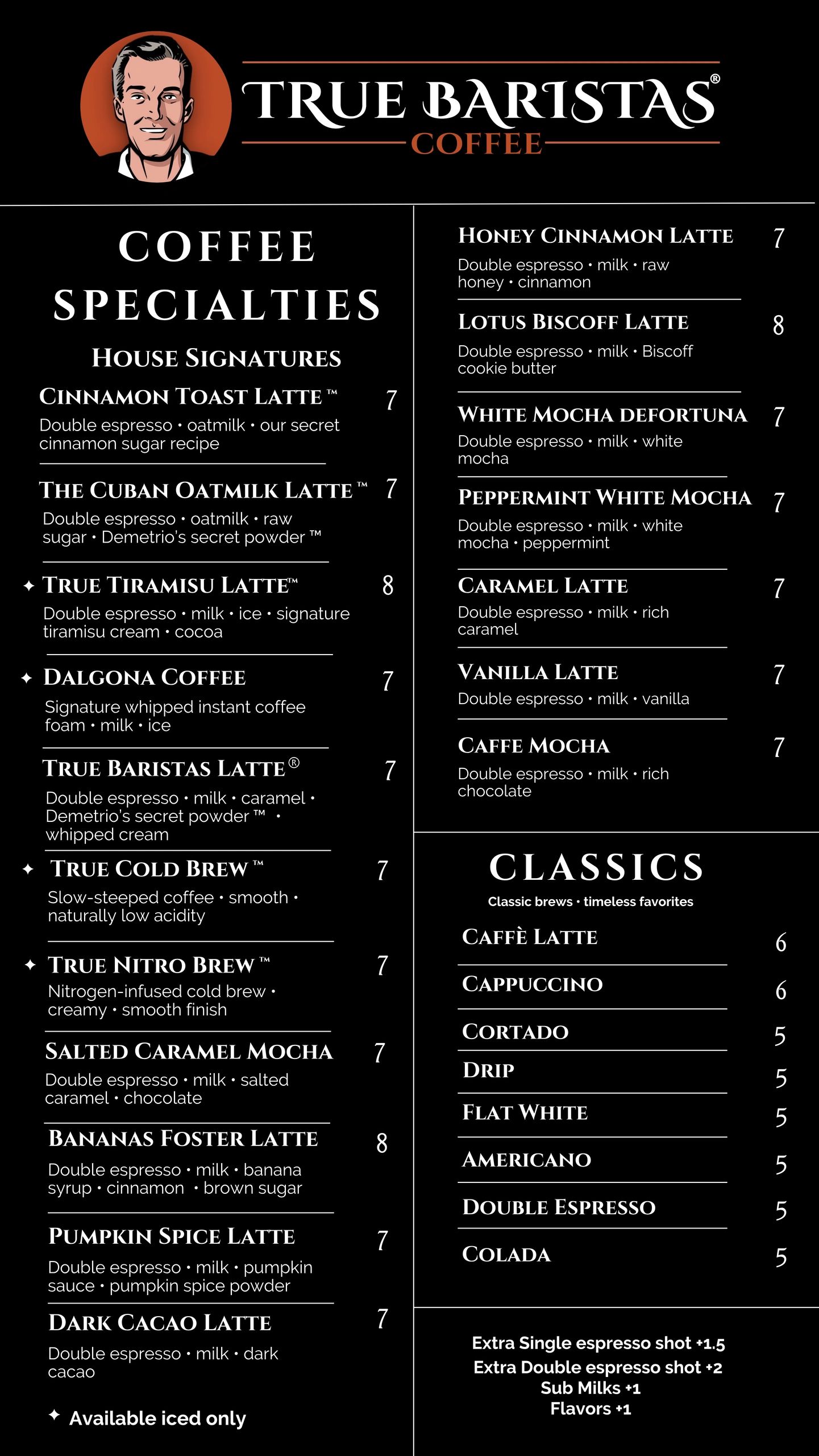 True Baristas Coffee menu featuring house signature lattes and classic brews with prices.
