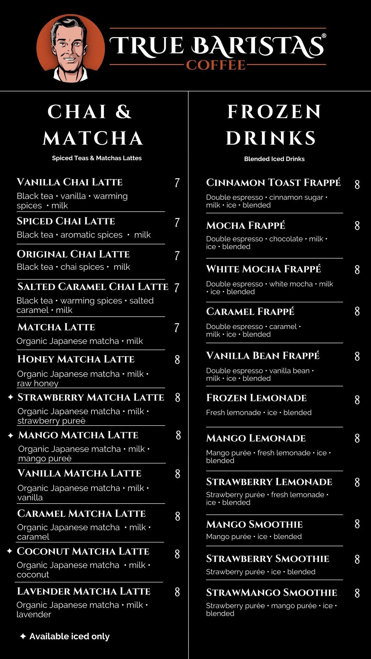 True Baristas Coffee menu with chai, matcha, and frozen drinks options.