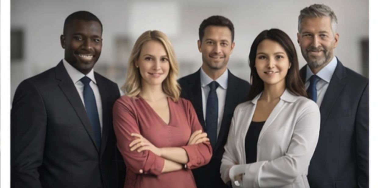 Group of team members smiling with looking on the camera