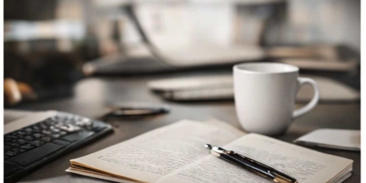 White Cup with open book on the table Left side of keyboard